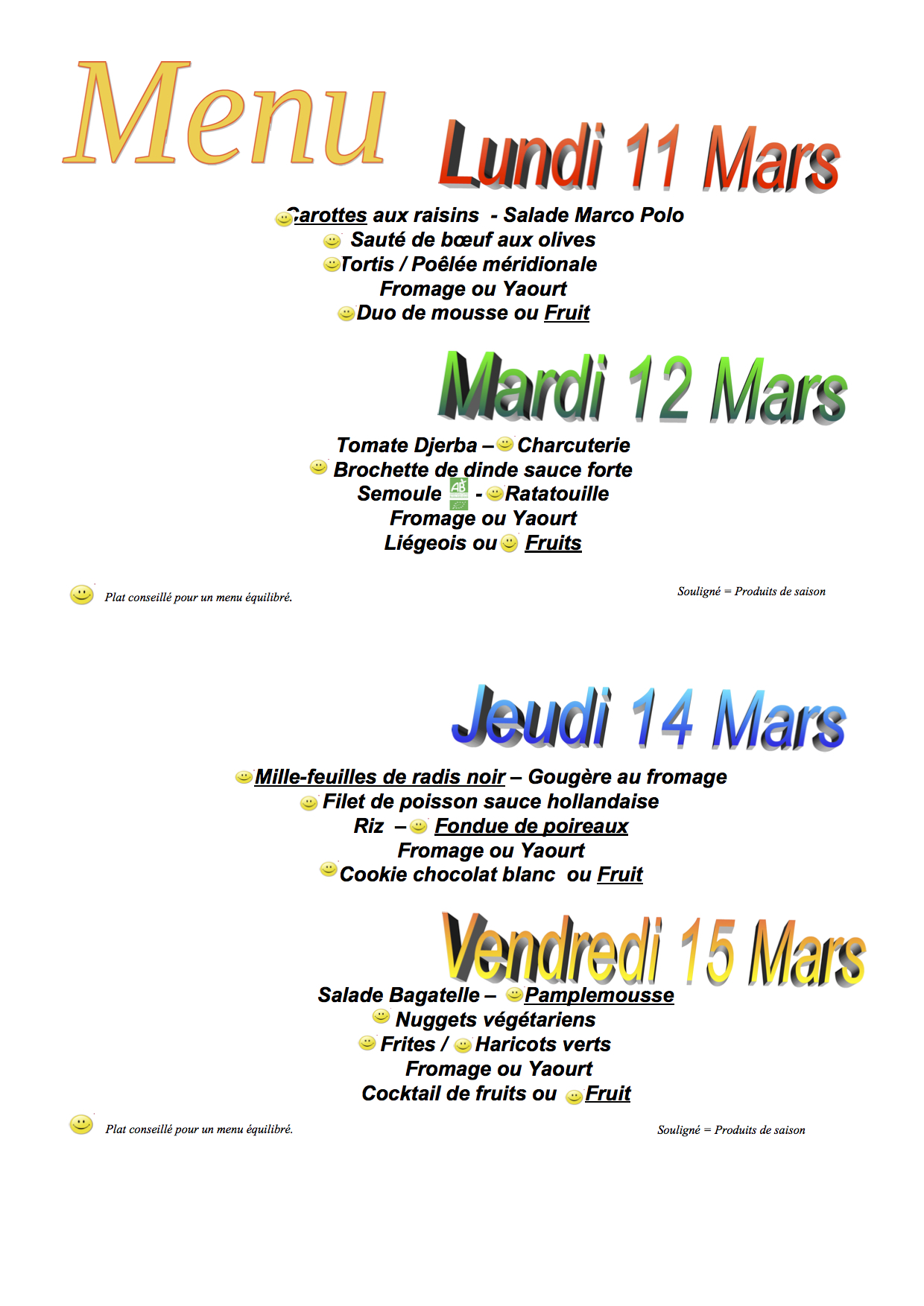 Menus du 11 au 15 mars 2019 Collège Le Bocage