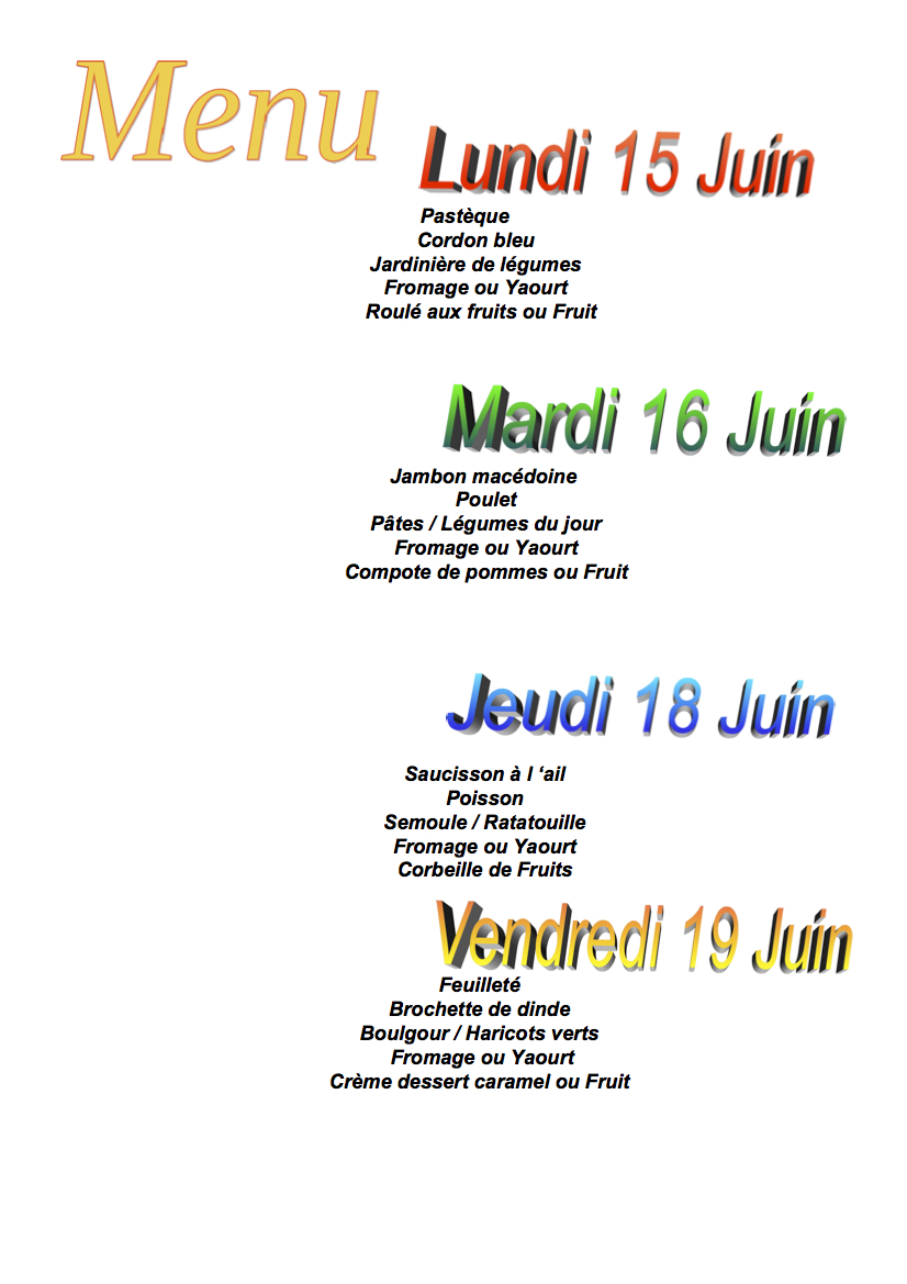 Menus du 15 au 19 juin Collège Le Bocage