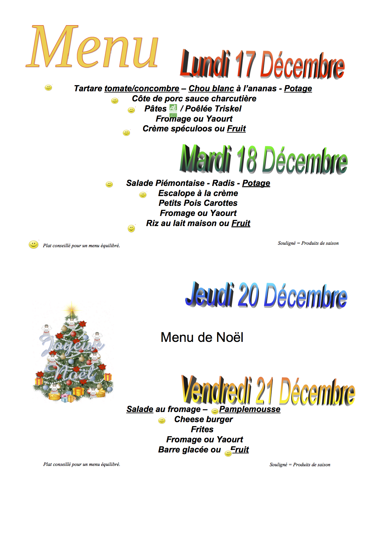 Menus du 17 au 21 décembre 2018 Collège Le Bocage