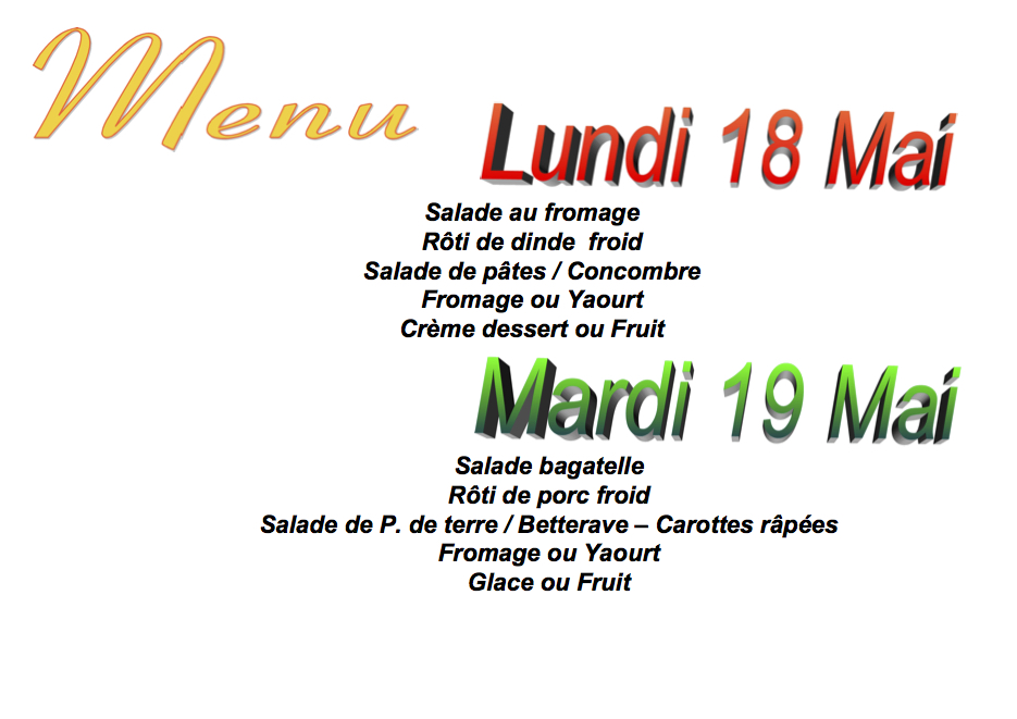 Menus du 18 et 19 mai 2020 Collège Le Bocage