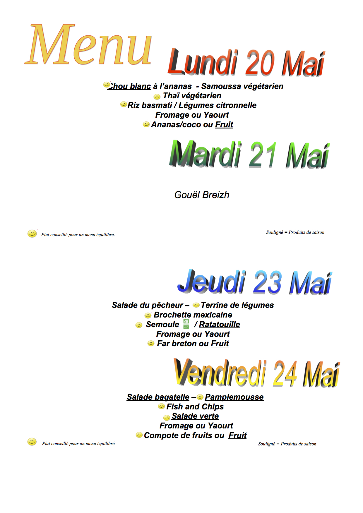 Menus du 20 au 24 mai 2019 Collège Le Bocage