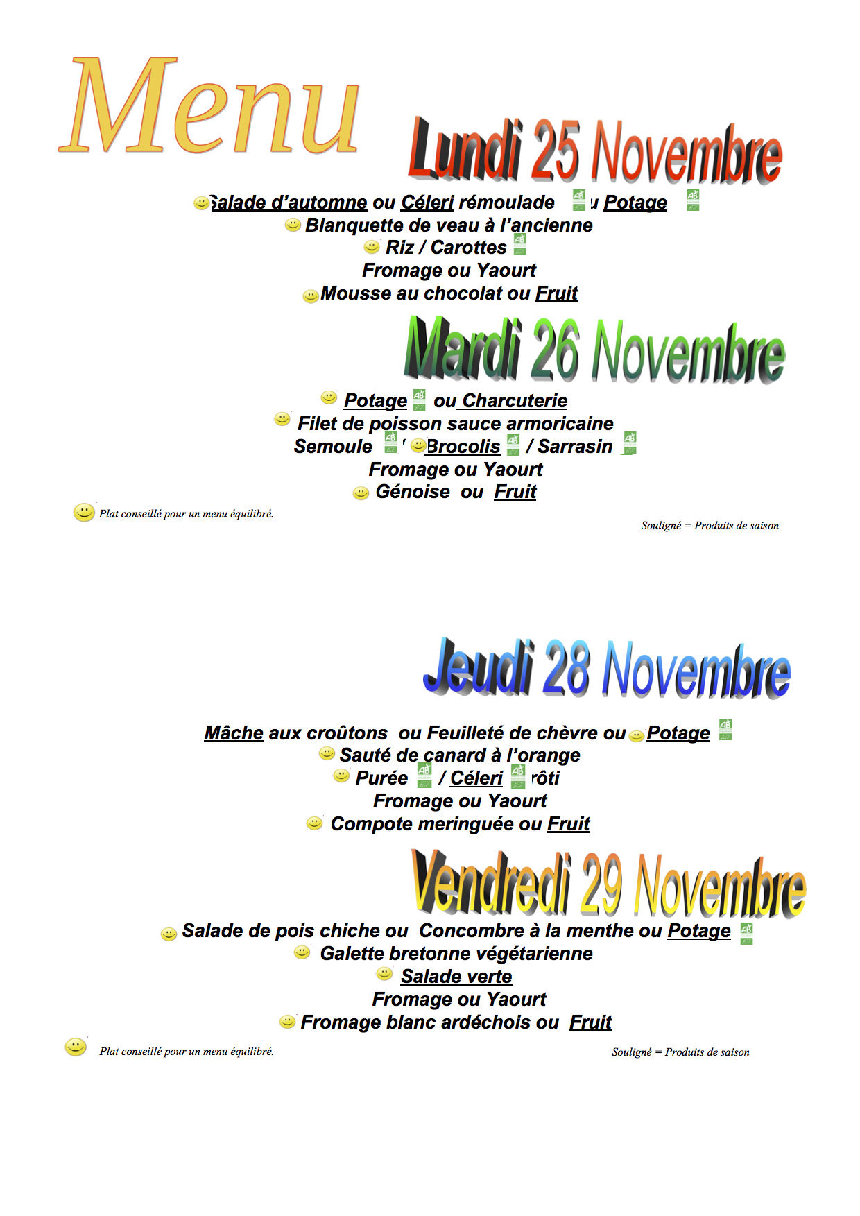 Menus du 25 au 29 Novembre 2019 Collège Le Bocage