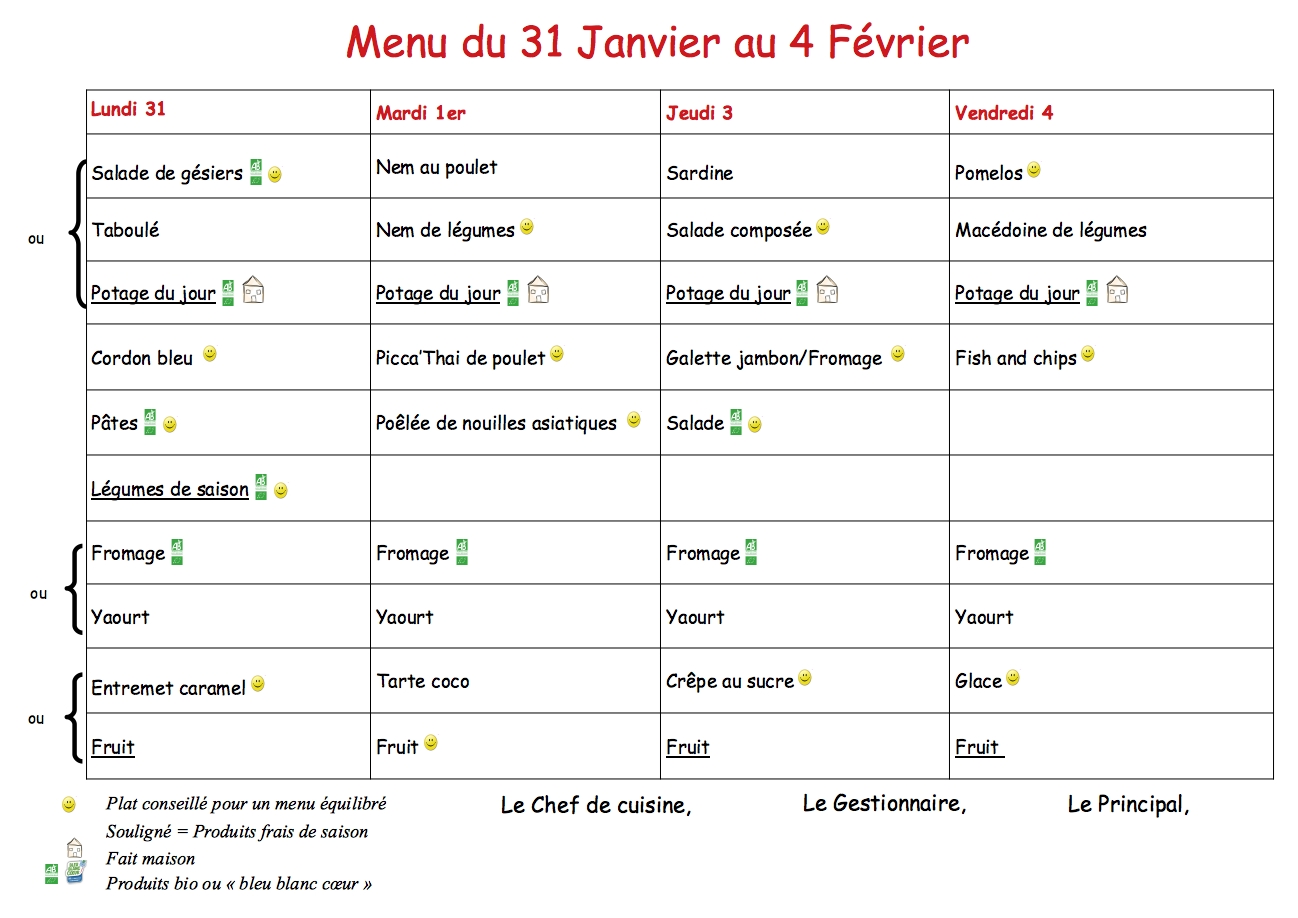 Menus du 31 Janvier au 4 Février 2022 Collège Le Bocage