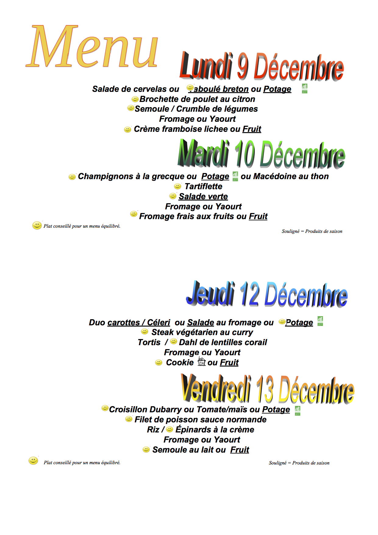 Menus du 9 au 13 décembre 2019 Collège Le Bocage