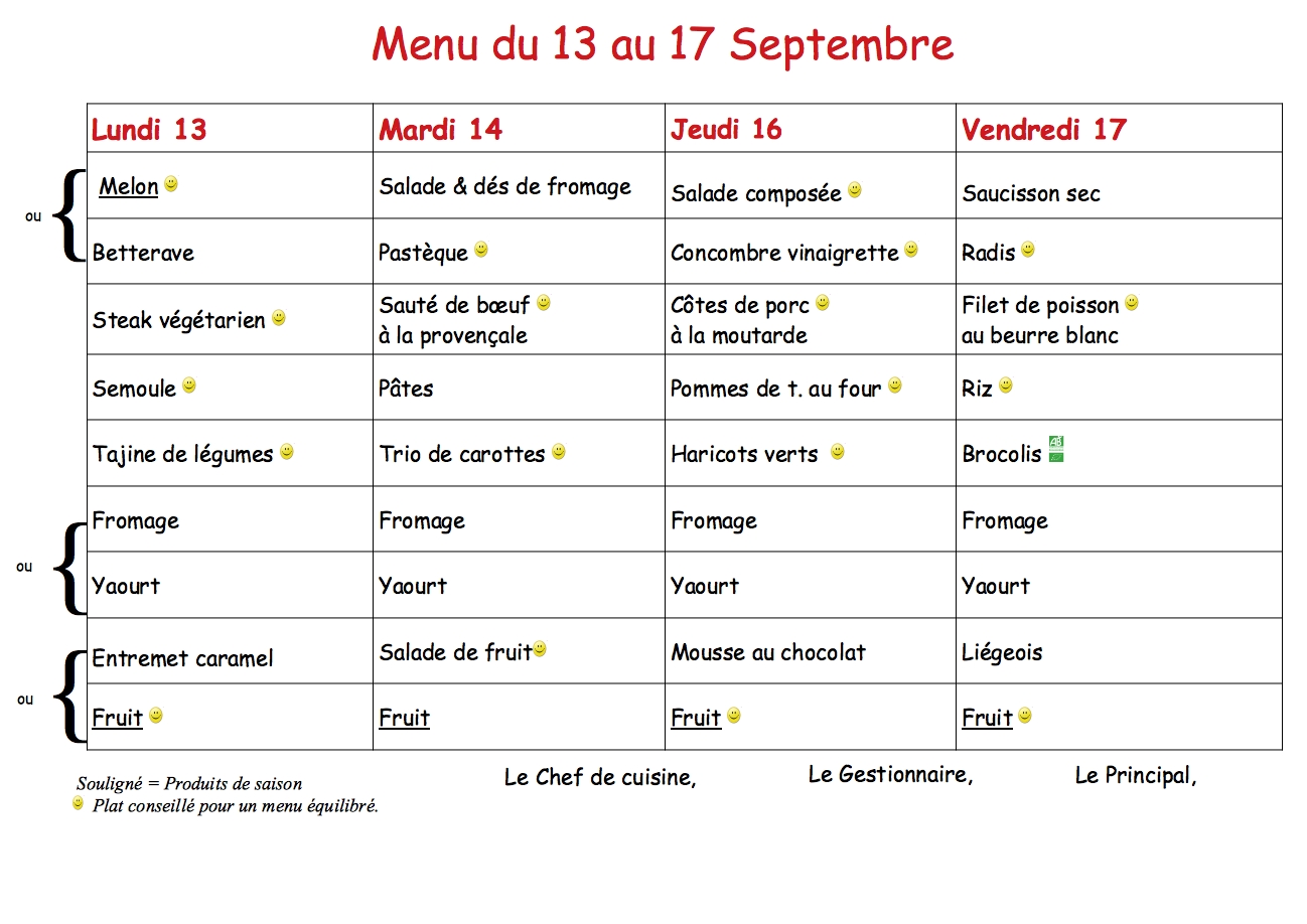 Menus du 13 au 17 Septembre 2021 Collège Le Bocage